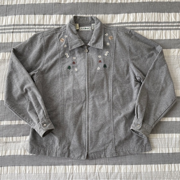 L.L. Bean Vintage Women's Gray Zip Jacket Floral Embroidery 100% Cotton Sz 12 - Picture 2 of 9